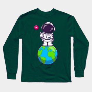 Cute Astronaut Standing On Earth With Love Sign Cartoon Long Sleeve T-Shirt